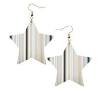 Gold Leather Star Earrings for Women - Blue Beige Stripe pattern Print Dangle Jewelry, Party Favors, and Fashionable Accessories