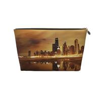 Gold Leather Travel Toiletry Bag - Chicago Print Cosmetic Makeup Organizer Pouch, Makeup Bag for Daily Use & Travel