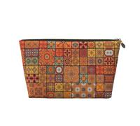 Gold Leather Travel Toiletry Bag - Group of Moroccan Geometric Print Cosmetic Makeup Organizer Pouch, Makeup Bag for Daily Use & Travel