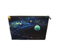 Gold Leather Travel Toiletry Bag - Outer Space Planets Print Cosmetic Makeup Organizer Pouch, Makeup Bag for Daily Use & Travel