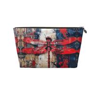 Gold Leather Travel Toiletry Bag - Reusable Abstract Red Dragonfly Print Cosmetic Makeup Organizer Pouch - Portable Soft Storage Bag