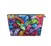 Gold Leather Travel Toiletry Bag - Reusable Graffiti Drawing Print Cosmetic Makeup Organizer Pouch - Portable Soft Storage Bag