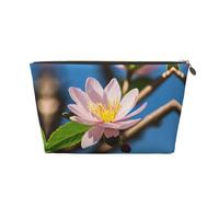 Gold Leather Travel Toiletry Bag - Reusable Pink Almond Blossom Print Cosmetic Makeup Organizer Pouch - Portable Soft Storage Bag