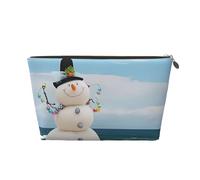 Gold Leather Travel Toiletry Bag - Reusable Snowman with Seashells Sitting On Sandy Beach (1) Print Storage Bag, Toiletry Shaving Kit for Daily Use, Vacation