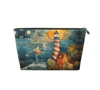 Gold Leather Travel Toiletry Bag - Reusable The Seaside Lighthouse Print Cosmetic Makeup Organizer Pouch - Portable Soft Storage Bag