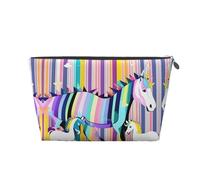 Gold Leather Travel Toiletry Bag - Reusable Unicorns On Colorful Stripes Cosmetic Makeup Accessories Organizer - Women Purse with Zipper, Silver, One Size