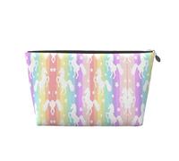 Gold Leather Travel Toiletry Bag - Reusable Unicorns On Colorful Stripes Cosmetic Makeup Accessories Organizer - Women Purse with Zipper, Silver, One Size