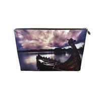 Gold Leather Travel Toiletry Bag - Reusable Vikings Boat Print Storage Bag, Toiletry Shaving Kit for Daily Use, Vacation