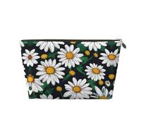 Gold Leather Travel Toiletry Bag - Spacious Floral Flowers Daisies Cosmetic Makeup Accessories Organizer, Women's Purse with Zipper