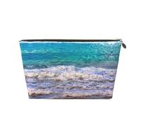Gold Leather Travel Toiletry Bag - Spacious White Beach Tropical Sea Cosmetic Makeup Accessories Organizer, Women's Purse with Zipper
