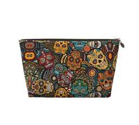Gold Leather Travel Toiletry Bag - Sugar Skull Print Print Cosmetic Makeup Organizer Pouch, Portable Storage for Men and Women