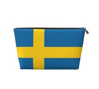 Gold Leather Travel Toiletry Bag - Swedish Flag Print Cosmetic Makeup Organizer Pouch, Portable Storage for Men and Women
