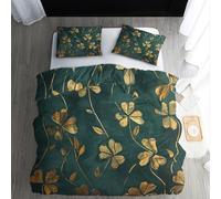 ECOTOS Gold Leaves Duvet Cover Double Size - Emerald Green Bedding Sets, Reversible Printed Quilt Cover & 2 Pillowcases with Zipper Closure, Ultra Soft Non Iron Brushed Microfibre Bed Set