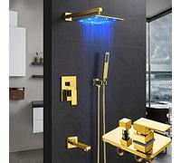 Gold Led Concealed Shower Faucets Set Rainfall Led Shower Head 3-Way Brass Mixer Tap Tub Spout Bathroom Shower Faucet-16 Inch Full Set,16 Inch Full Set