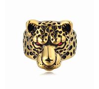 Gold Leopard Head Ring, Hip Hop Leopard Animal Biker Ring for Men, Black Spotted Leopard Ring Red Eyes Leopard Jewelry, Wild Leopard Head Ring Punk Leopard Head Animal Ring for mens, Metal, No