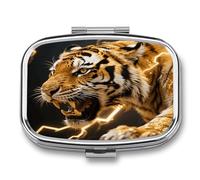 Gold Lightning Tiger Small Pill Box for Purse Travel Essentials Metal Pill Case 2 Compartments Compact Medicine Container Portable Daily Pill Organizer for Vitamins Fish Oils