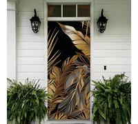 Gold Line Drawing Door Stickers for Interior Doors - Tropical Leaf Banana LeafDoor Mural Peel and Stick Self-Adhesive Removable for Bedroom, Living Room, House Decoration 95x215cm