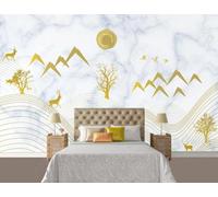 Gold Lines Birds in Flight Trees Elk 3D Wallpaper Easy Install Feature Office Living Room Sofa Bedroom TV Background Wall Decoration-250cm×170cm