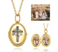 Gold Locket Necklace for Women, Personalised Photo Locket with Birth Flower Cross and Back Engraved, Customized Double Picture Memorial Oval Locket Pendant with Pictures Inside, Religion Style Memory