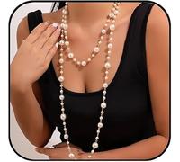 Gold Long Pearl Necklaces for Women Cream White Faux Pearl Strand Layered Necklace Double Layered Pearl Necklace Charm Sweater Chain Jewelry Gifts, 78cm, Brass, No Gemstone