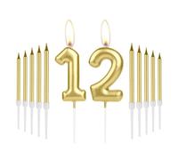 Gold Long Stick 12th Birthday Candles - Happy Birthday Cake Topper for Women, Men, Parties & Anniversaries