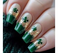 Gold Lucky Four-Leaf Clover Press on Nails Medium Square Fake Nails St. Patrick's Day False Nails Glitter Green French Acrylic Glue on Nails Stick on for Women Irish Holiday Manicure Decoration 24Pcs