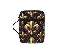 Gold-Luxury-Fleur-De-Lis Bible Cover Case with Handle, Water-Resistant Oxford Fabric Bible Bag Organizer with Zipper Pockets for Church