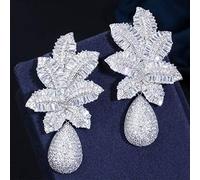 Gold Luxury Large Leaf Drop Flower Micro Cubic Zirconia Paved Wedding Party Earring For Wen