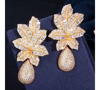 Gold Luxury Large Leaf Drop Flower Micro Cubic Zirconia Paved Wedding Party Earring For Wen