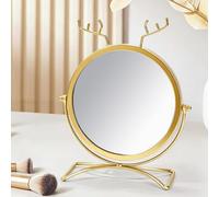 Gold Makeup Mirror Round Vanity Mirror Creative Dressing Table Mirror Metal Frame with Antler Stand Folding & Adjustable HD Definition Tabletop Mirrors for Vanity Dresser, Bathroom, Bedroom, Desk
