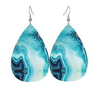 Gold Marble Abstract Blue And Waves Leather Earrings For Women Dangle Earring Drop Pendant With Hook Gifts For Adult Girl