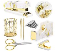 Gold Marble Desk Accessories, Office Supplies Set Stapler Set Staple Remover, Tape Holder, Pen Holder, 2 Ballpoint Pen, Scissor, Binder Clips, Paper Clips and 1000pcs Staples.