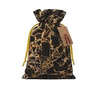 Gold marble Printed Christmas Drawstring Bags with Yellow Christmas Ribbon - Reusable Burlap Drawstring Gift Pouches, S