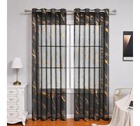 Gold Marble Sheer Curtains - Metallic Foil Print Grommet Voile Drapes, Modern Abstract Semi Blackout Privacy Window Panels for Bedroom Living Room Kitchen Home Decor (Black,100x130cm)