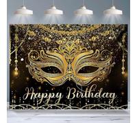 Gold Masquerade Happy Birthday Backdrop Black Gold Luxury Mask Printed Photo Background Glitter Pearl Chain for Adult 30th 40th 50th Birthday Party Decor，B：7X5FT