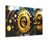 Gold Mechanical Discs -Print Modern Canvas Wall Decor 16X24 Inche, Frameless Art Print with Wooden Strainer, Ready to Hang for Living Room & Bedroom.