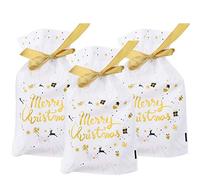 Gold Merry Christmas 50Pcs Christmas Drawstring Gift Bags Xmas Tree Gift Wrapping Bags Present Package Bag Plastic Sweet Treat Goody Chocolate Bag for Wedding Anniversary Merry Christmas Party-J