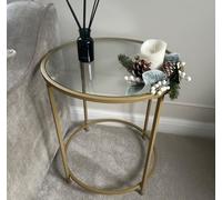 Gold Metal End Table Sofa Side Tea Lamp Stand Round Glass Top Bedside Unit New