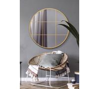 MirrorOutlet The Circulus - Solid Gold Metal Framed Window Modern Round Circular Wall Mirror 39" X 39" (100CM X 100CM) Silver Mirror Glass with Black All weather Backing.