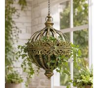 Gold Metal Hanging Orb Planter With Liner Rustic Patina Vintage Basket | Globe Planter Chain Ornate Antique Finish Aged Appearance Verdigris