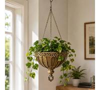 Gold Metal Hanging Planter With Liner Rustic Ornate Patina Antique Finish | Vintage Basket Plant Pot With Chain Aged Appearance Verdigris Baroque