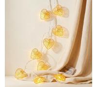 Gold Metal Mesh Heart Fairy String Lights 10 Warm White on 1.5M Clear Cable | Love Heart String Fairy Lights for Indoor All Christmas Eve Parties Mantle Fireplace