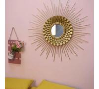 Gold Metal Sunburst Wall Mirror Decorative Luxe Boho Chic Round Large Mirror Handmade Wall Decoration For Living Room Bedroom Hallway Decor,60CM