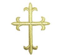 Gold Metallic Fleur De Lis Iron On Embroidered Religious Cross Patch 4 Inch