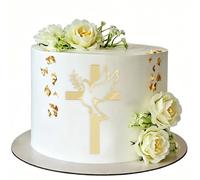 Gold Mirror Acrylic Cross Cake Topper - Hollow Dove Baptism Decoration