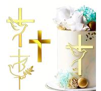 Gold Mirror Acrylic Dove Cross Cake Topper, 3PCS Dove Cross Cake Decoration Cake Charm for Baptism, First Communion, Baby Shower, Birthday - Christian Party Decorations, Cupcake Supplies