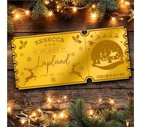 Gold Mirror Acrylic Golden Ticket Christmas Lapland Trip Personalised Any Text Voucher | Custom Surprise Reveal Voucher Ticket | Announcement Greeting Card | Note Card
