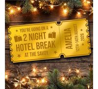 Gold Mirror Acrylic Golden Ticket Hotel Break Surprise Weekend Getaway Personalised Any Text Voucher | Custom Surprise Reveal Voucher Ticket | Announcement Greeting Card | Note Card