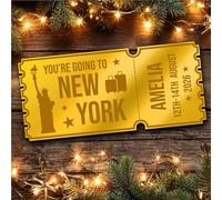 Gold Mirror Acrylic Golden Ticket New York Trip Holiday Surprise Getaway Personalised Any Text Voucher Custom Surprise Reveal Voucher Ticket | Announcement Greeting Card | Note Card