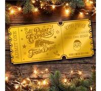 Gold Mirror Acrylic Golden Ticket Polar Express Christmas Train Ride Personalised Any Text Voucher | Custom Surprise Reveal Voucher Ticket | Announcement Greeting Card | Note Card